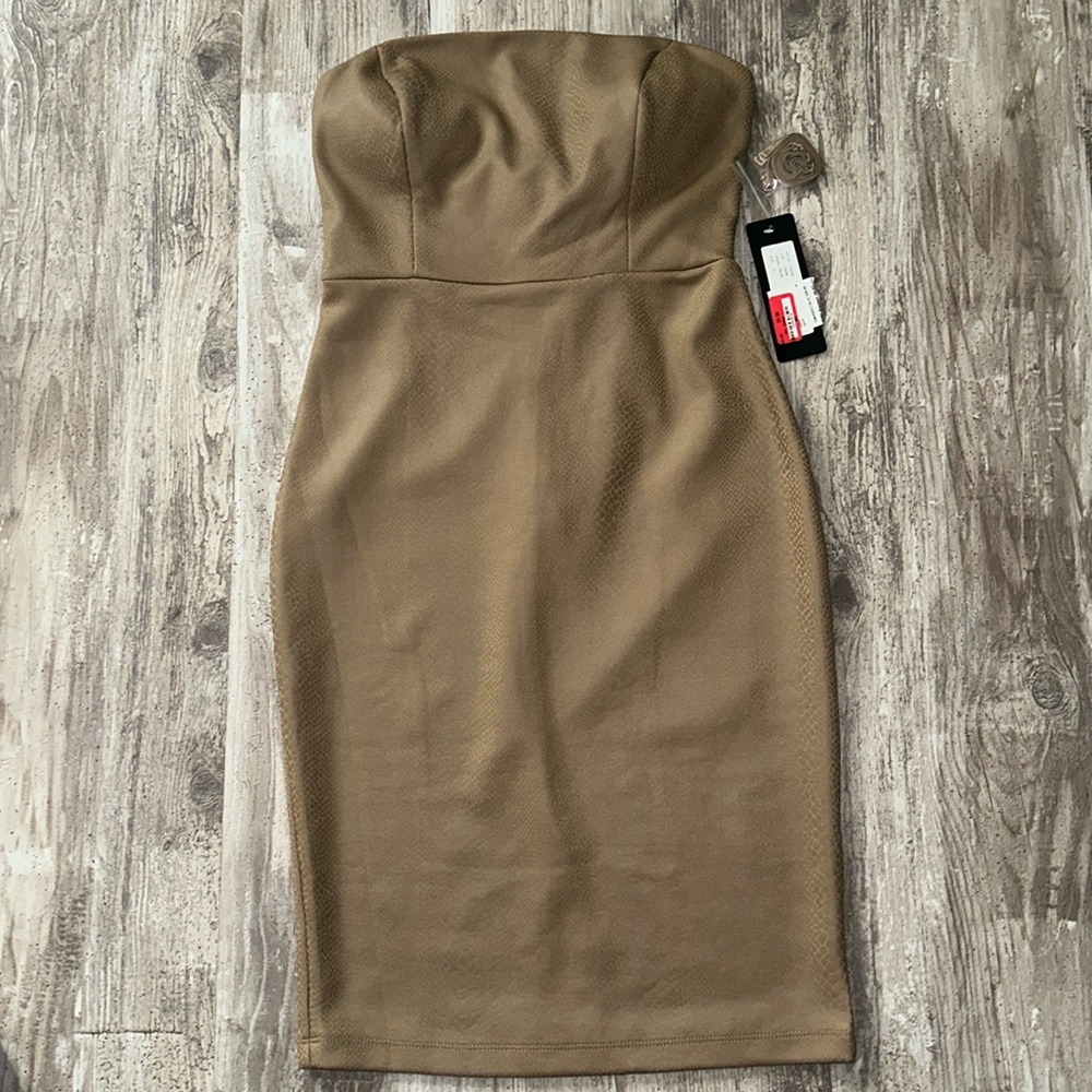 bebe Strapless Mini Dress in Camel Tan